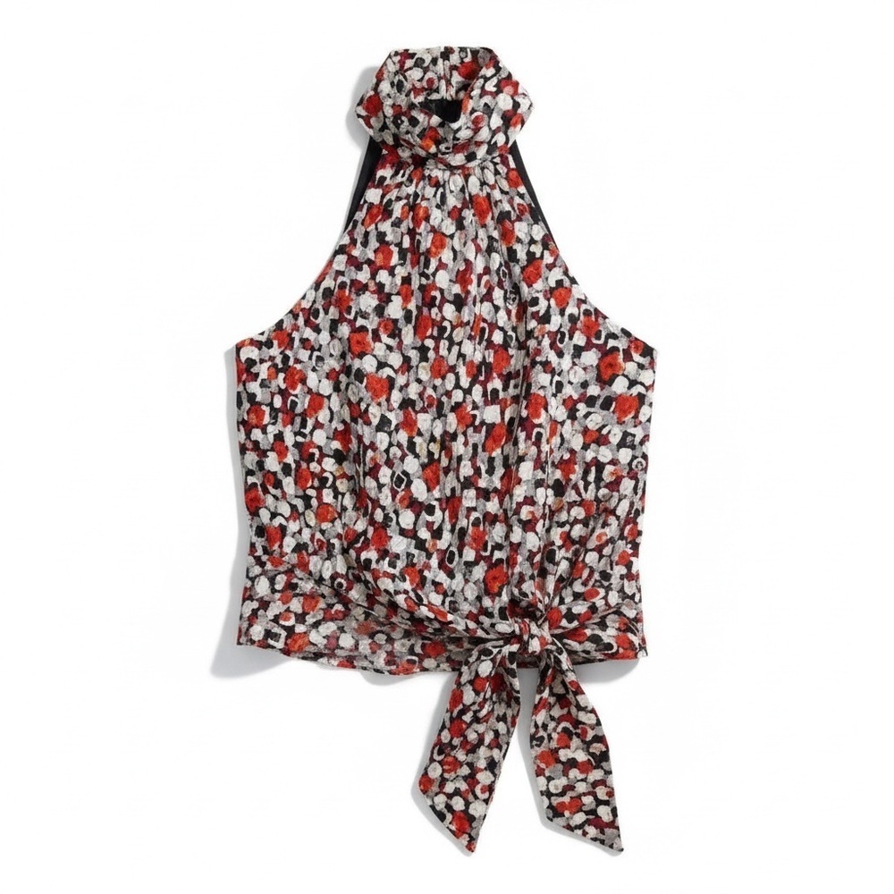 Nightway Y2K Vintage Red Black White Abstract Floral Halter Tie Waist Top 8